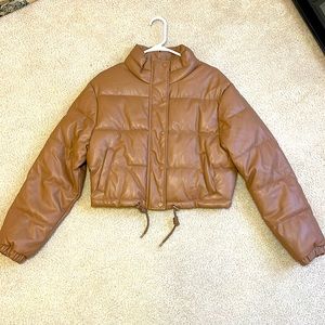 Cropped brown faux leather puffer jacket